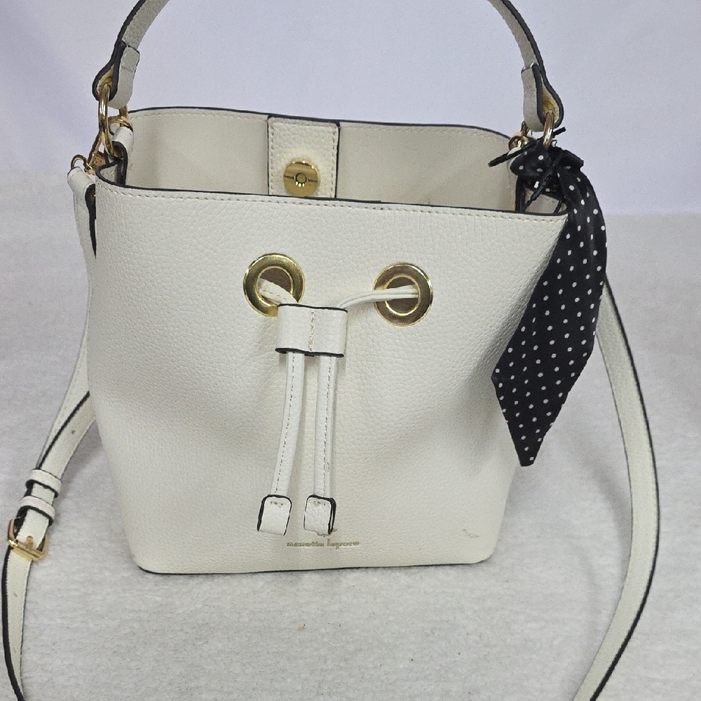 Elegant White Bucket Bag with Gold Accents
